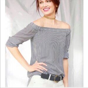 CAbi Brigitte Silk Off Shoulder Black & White Striped Blouse Large